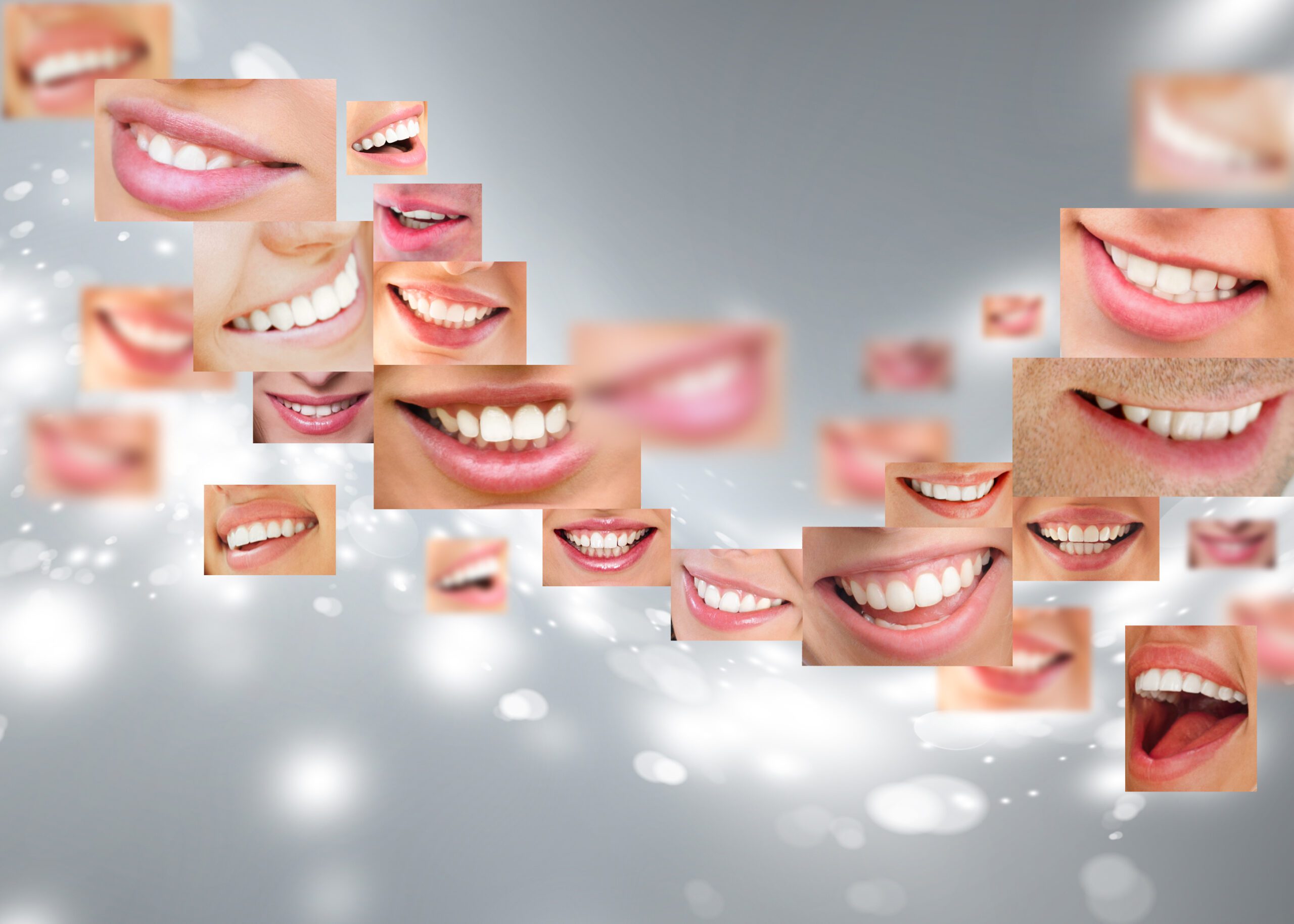 Faces of smiling people in set. Healthy teeth. Smile